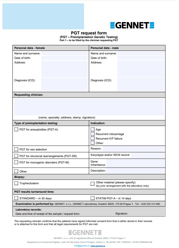 MGL - Preimplantation Genetic Testing request form